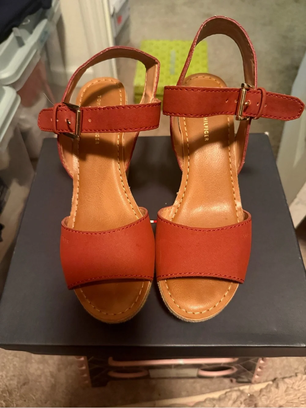 Tommy Hilfiger Terracotta Wedge Sandals with Gold Buckle